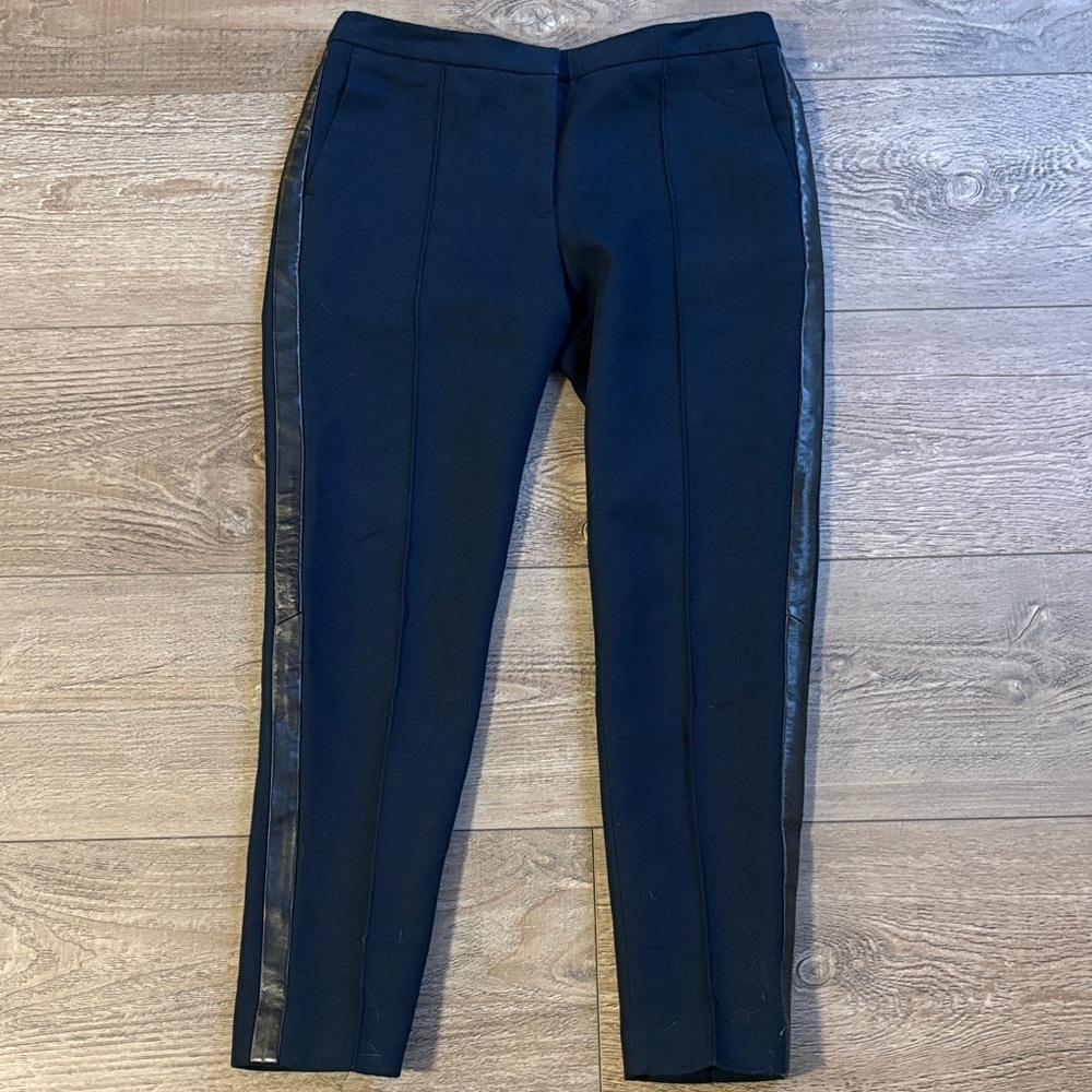 Sandro Navy Blue Wool Blend Trouser Pants w Leather Side Stripe